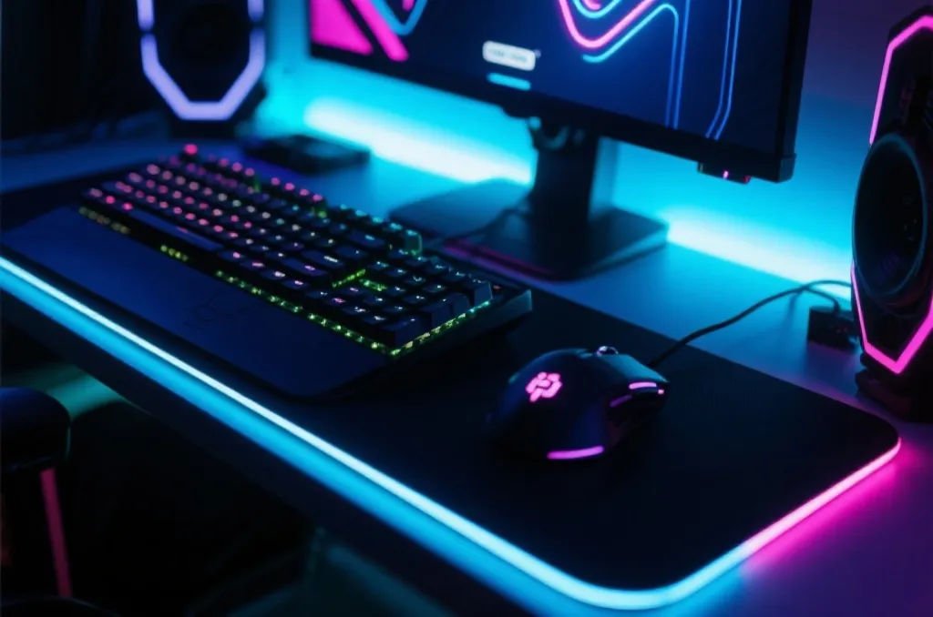 A sleek high-tech gaming setup with glowing neon lights and professional mechanical keyboard