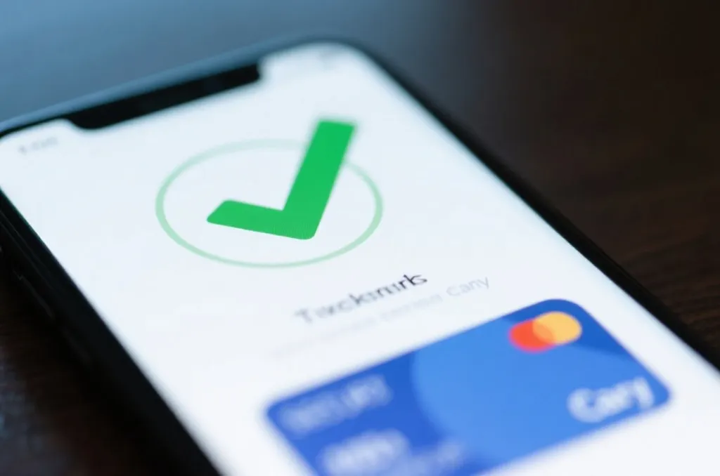 A secure online payment concept, close-up of a mobile screen showing a successful transaction green checkmark icon, soft professional lighting, trust and safety theme